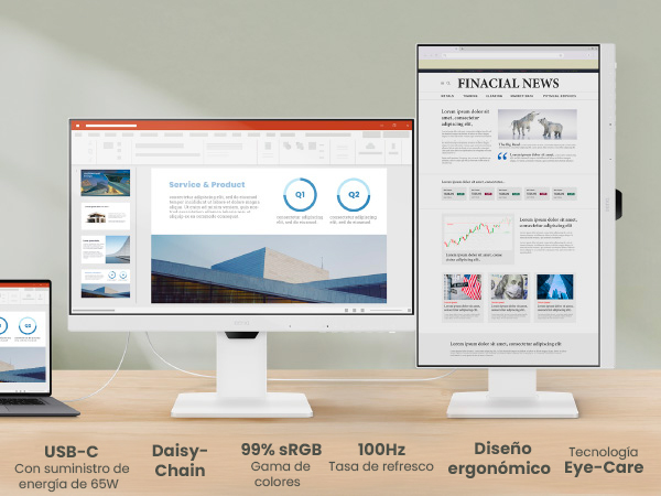 Dos monitores en un escritorio mostrando un sitio web y una presentación.