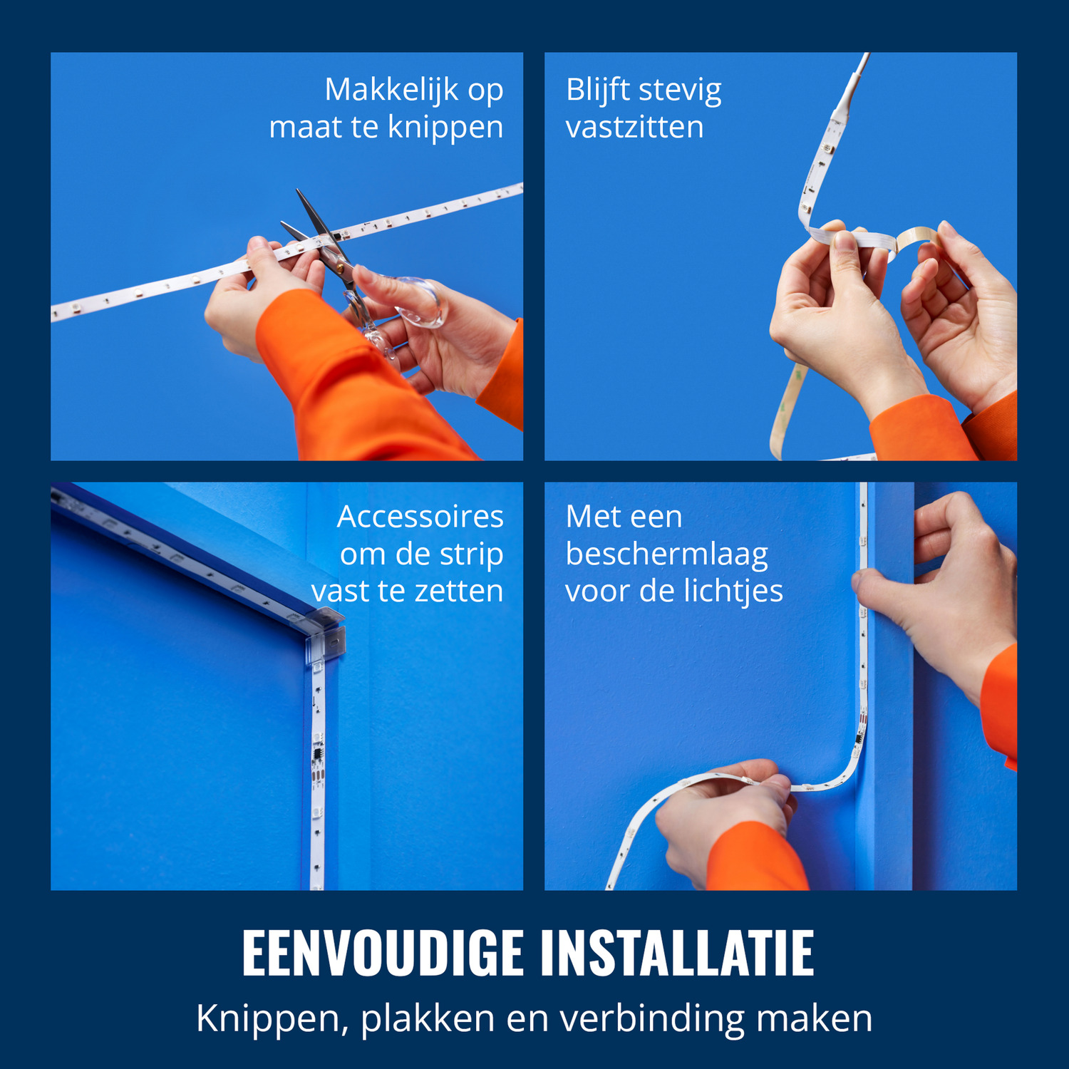 Handen die een witte LED-strip knippen en bevestigen. Blauwe muur achtergrond. Vier afbeeldingen die installatiestappen aantonen.