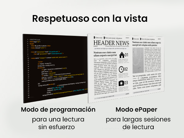 Dos pantallas: una con código, otra con diseño de periódico. Texto: 'Modo de programación' y 'Modo ePaper'.