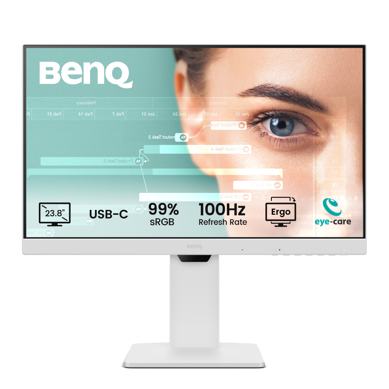 Monitor de computadora blanco con texto, incluyendo 23.8" y 100Hz.