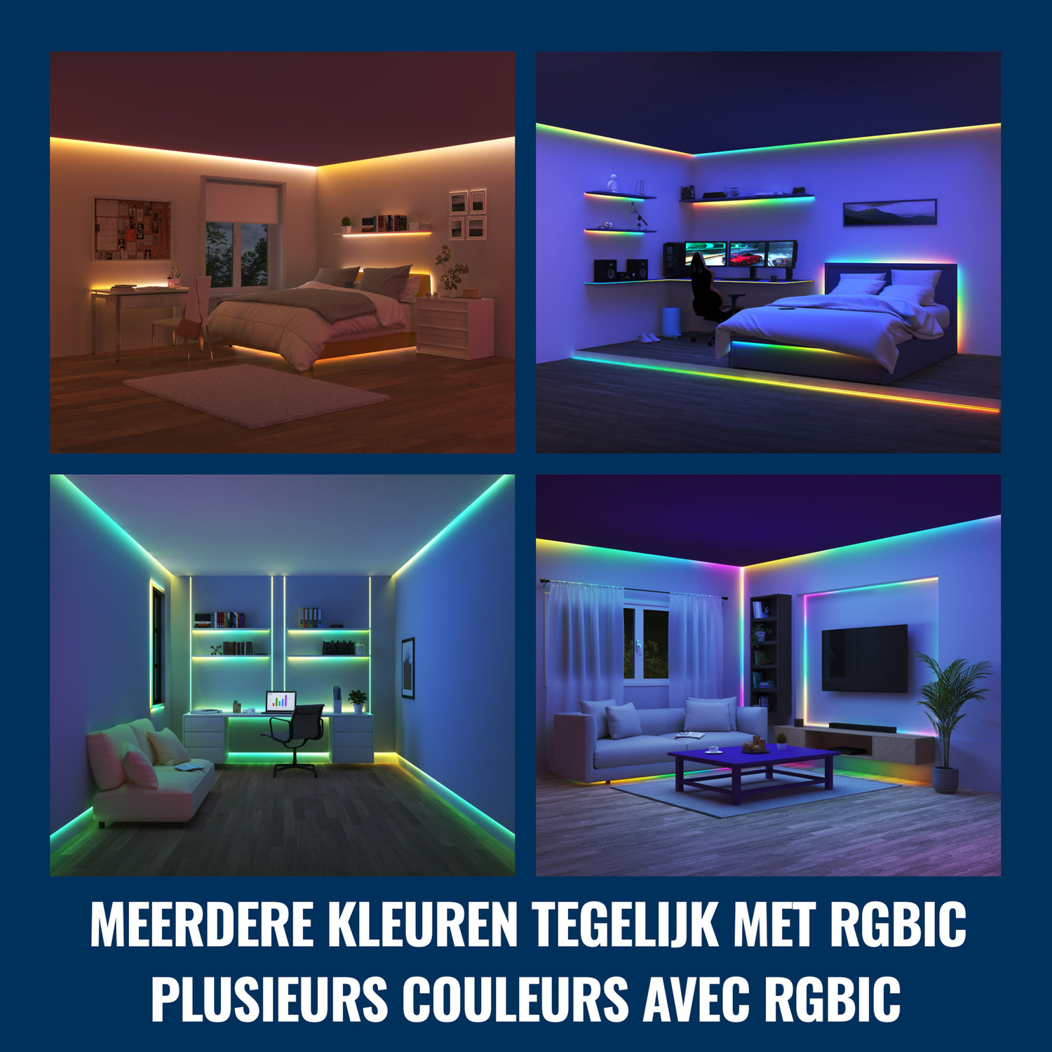 Chambres avec des bandes LED colorées le long des murs, texte: MEERDERE KLEUREN TEGELIJK.