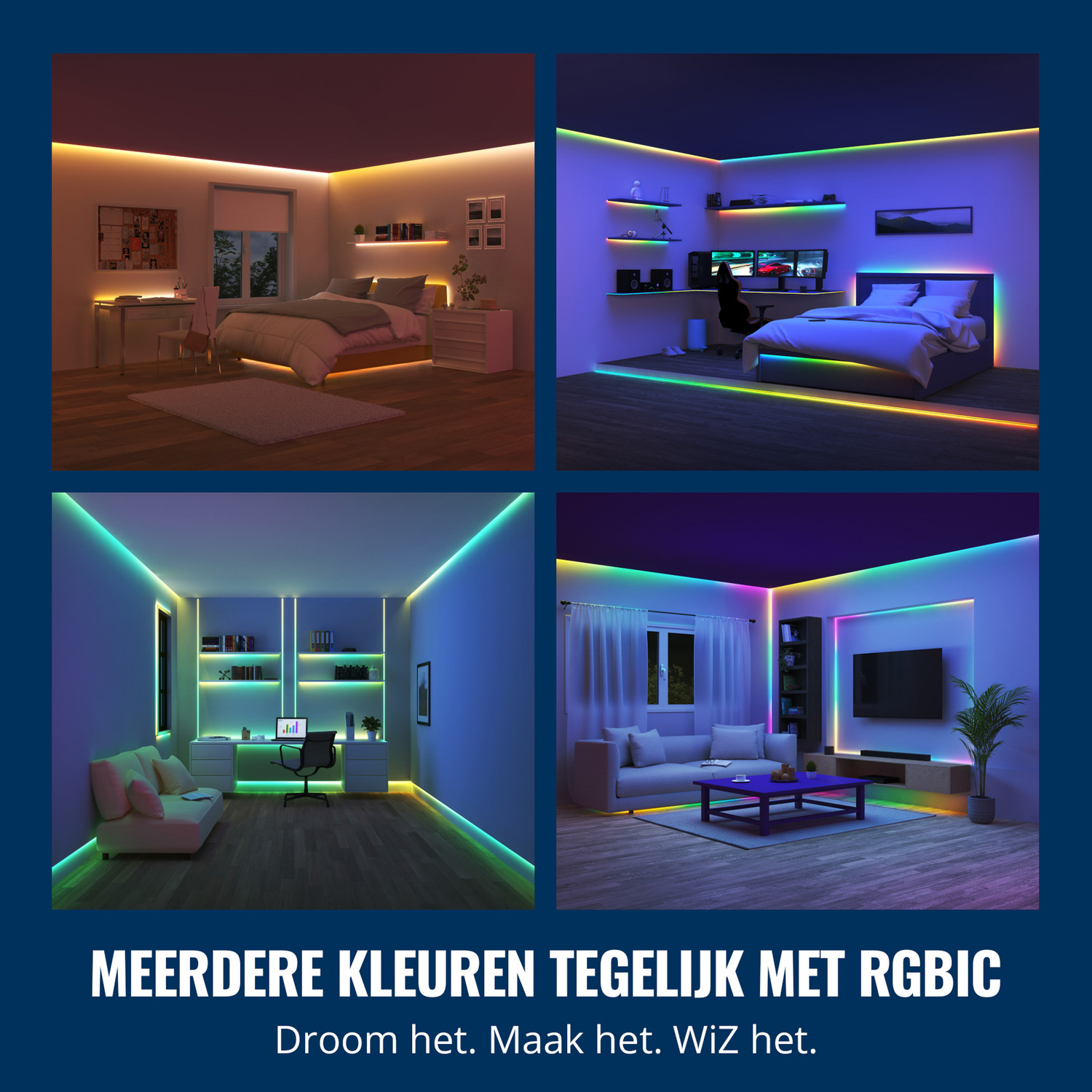 Vier kamerscènes met gekleurde LED-lichtstrips.