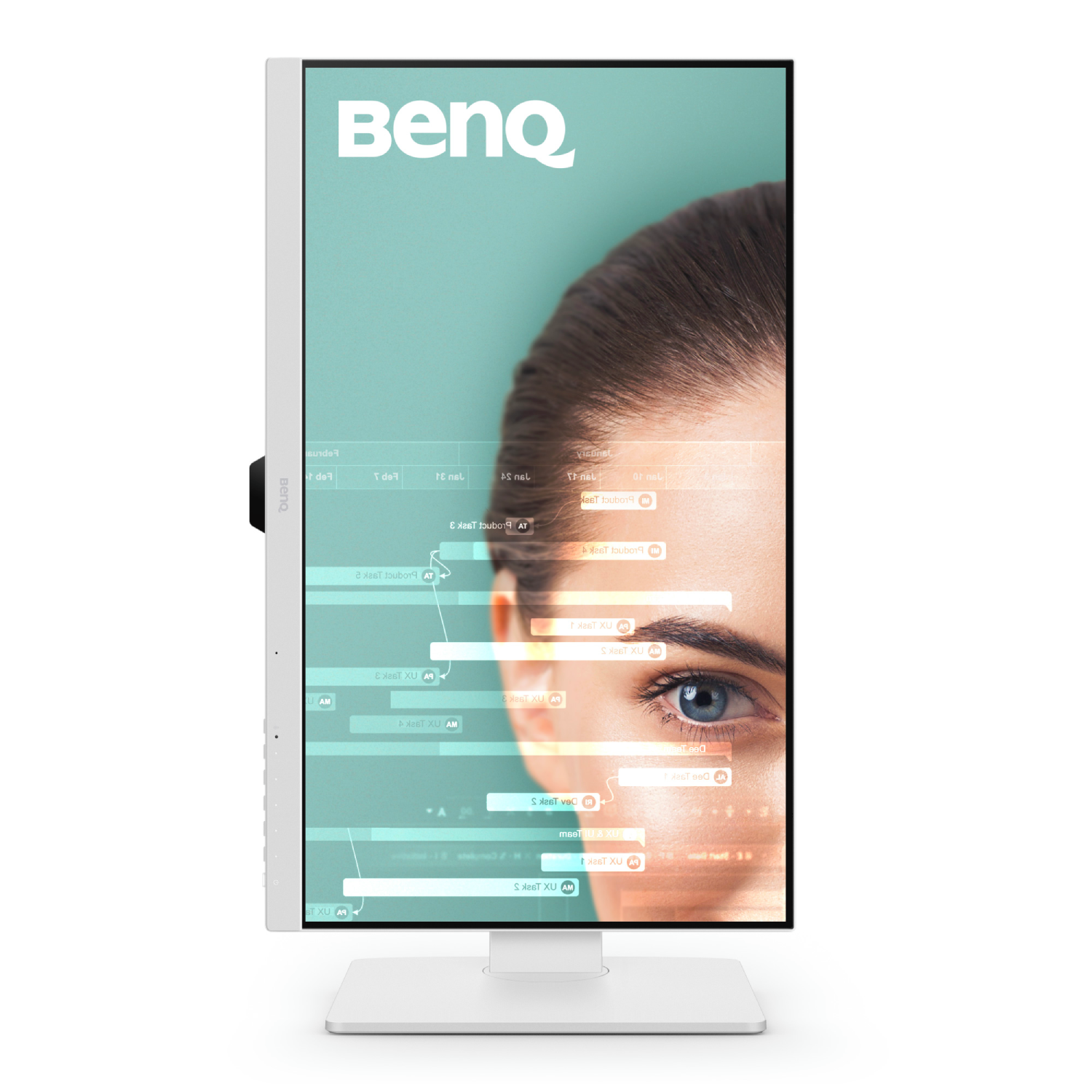 Monitor BenQ mostrando un ojo de mujer y una superposición de datos. Pantalla blanca con logo BenQ.