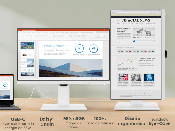Una configuración de escritorio con una laptop, un monitor alto y un monitor horizontal.