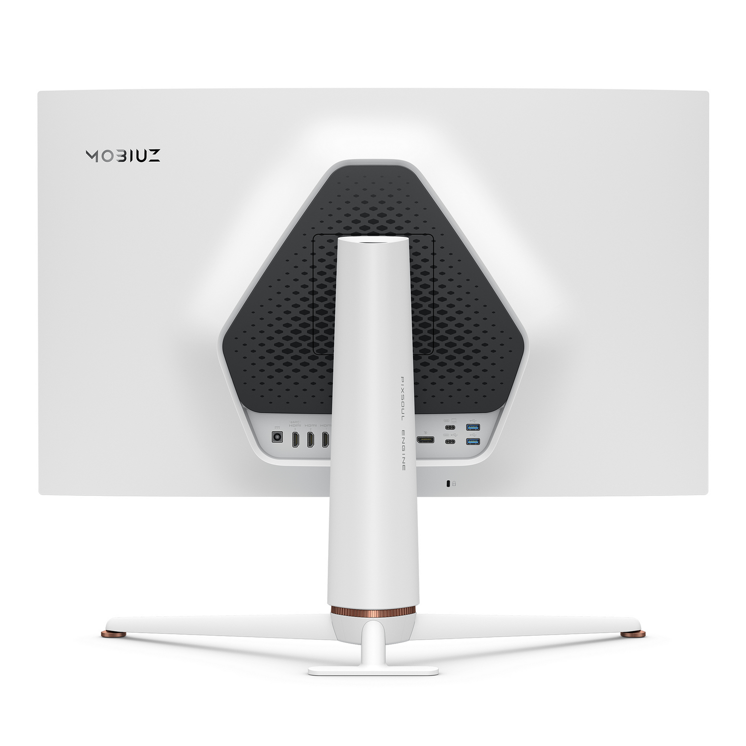 Parte posterior de un monitor de computadora blanco. Tiene un soporte, puertos y un área de ventilación negra.