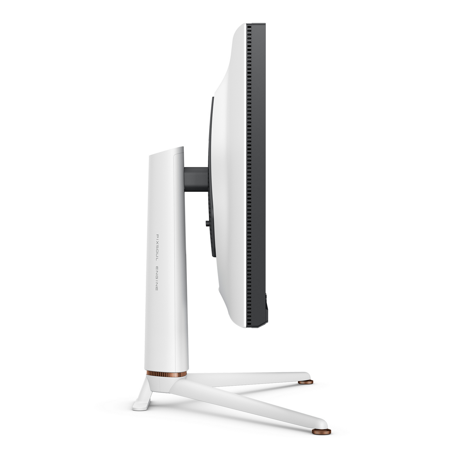 Un monitor de computadora blanco sobre un soporte blanco, vista lateral.
