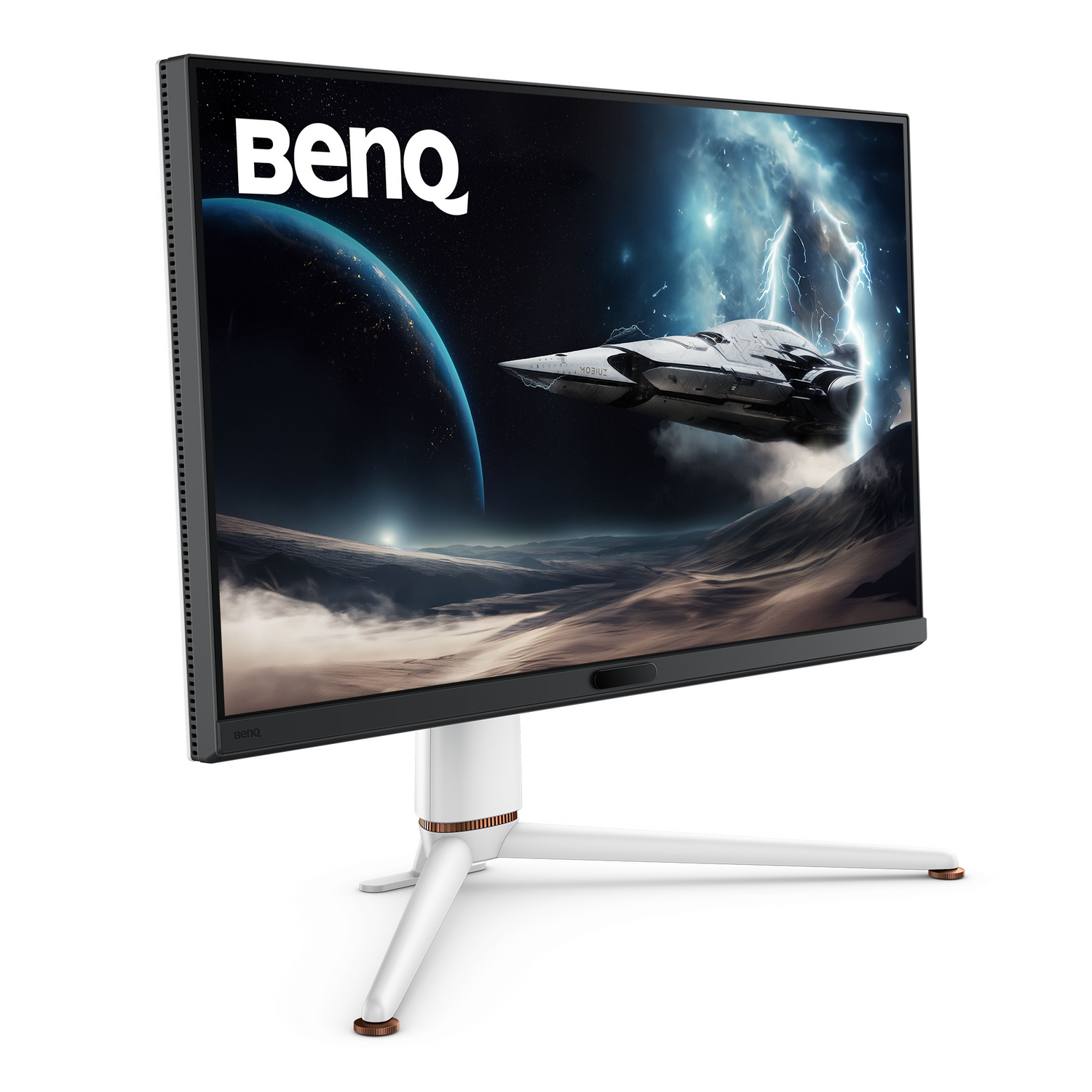Un monitor de computadora con una base blanca, que muestra una escena espacial.