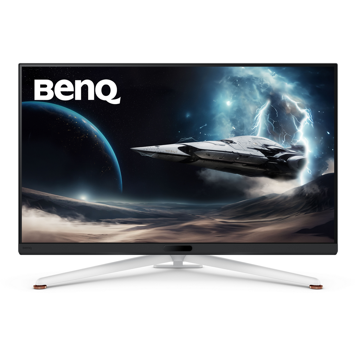 Monitor BenQ mostrando una escena espacial con una nave espacial. Monitor blanco con soporte y logo blanco.