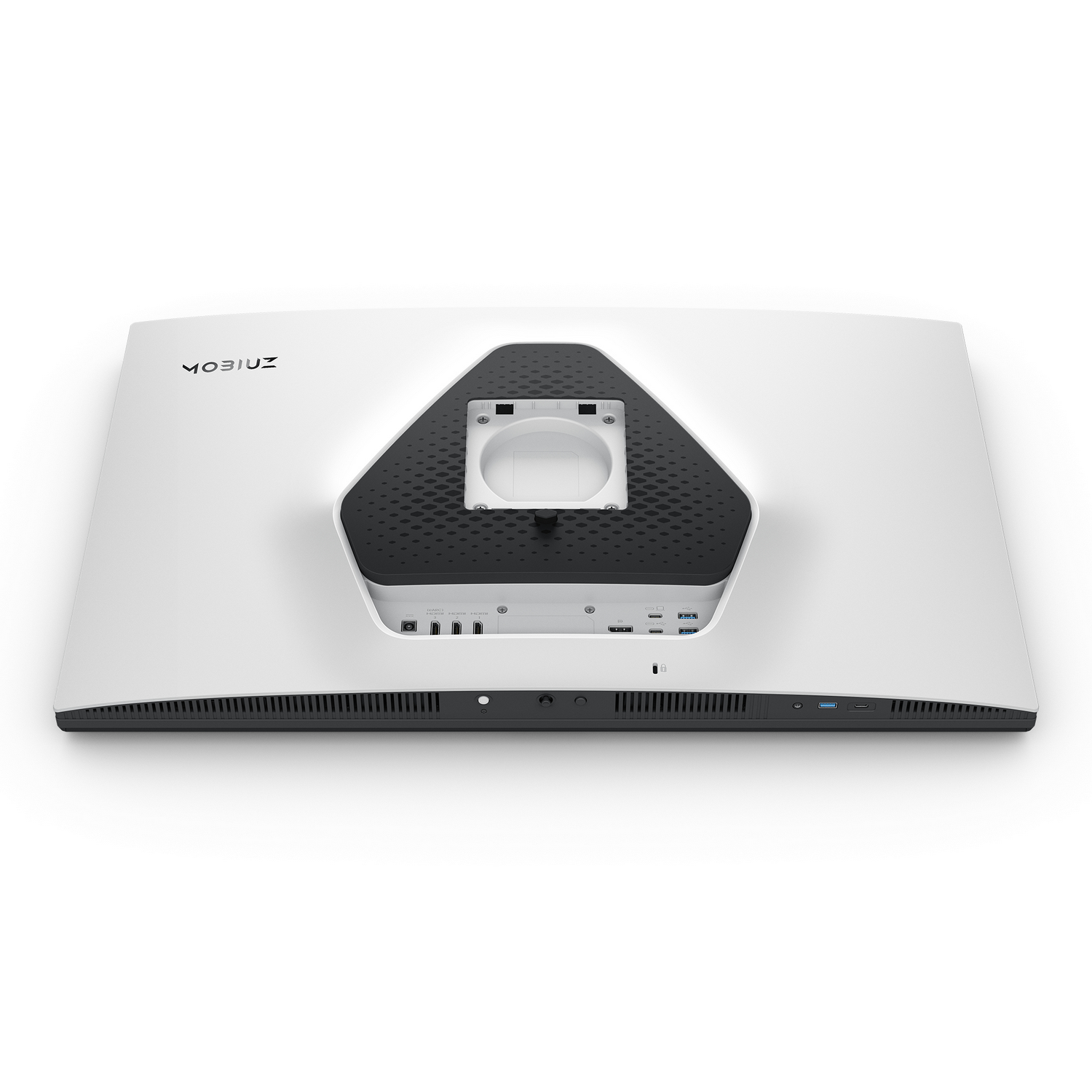 Monitor blanco con la parte trasera hacia la cámara. Varios puertos y un soporte son visibles.