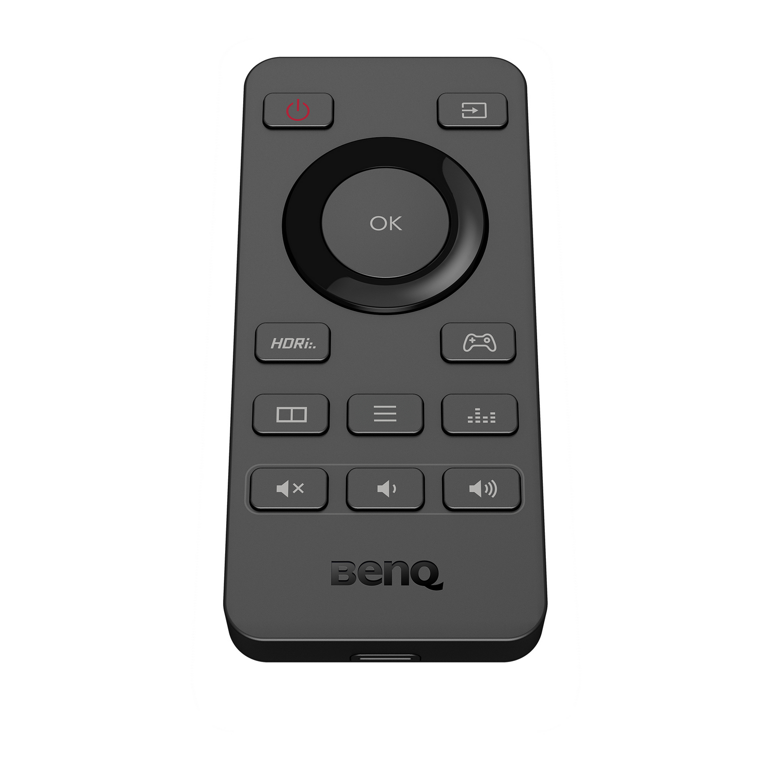 Mando negro con botones. Encendido, OK, HDMI y volumen visibles. Logotipo BenQ en la parte inferior.