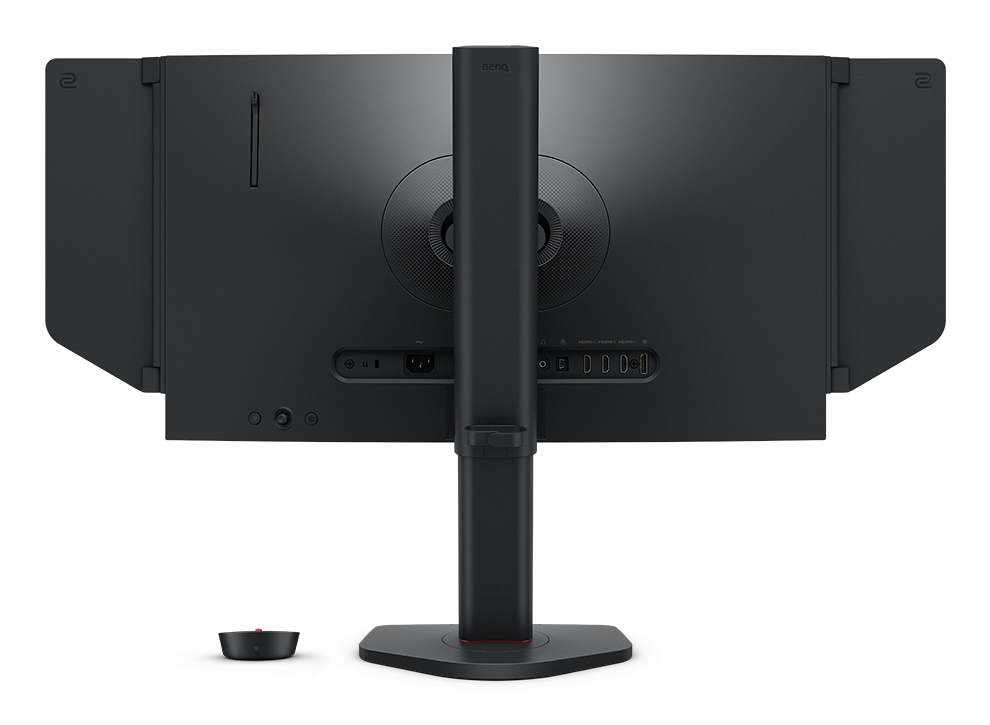 Parte trasera de un monitor negro. Logotipo BenQ. Puertos y soporte visibles.