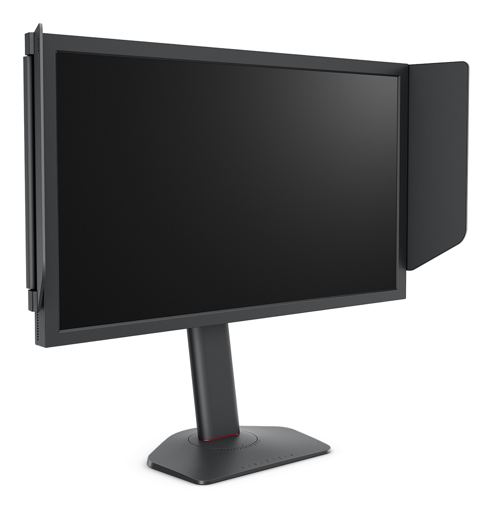 Monitor de ordenador negro con soporte negro y protector de pantalla. El fondo es blanco.