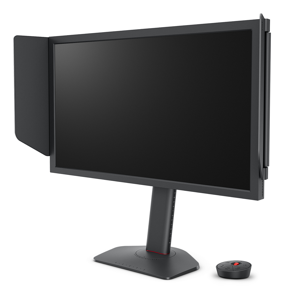 Monitor de ordenador negro con protector de pantalla y soporte negro. El fondo es blanco.