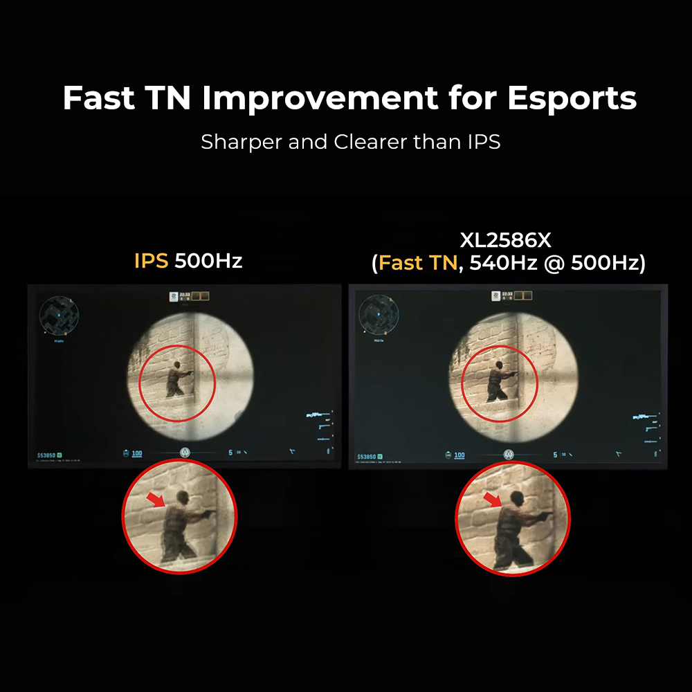 Comparación de dos pantallas, una IPS 500Hz y otra XL2586X (Fast TN, 540Hz @ 500Hz).