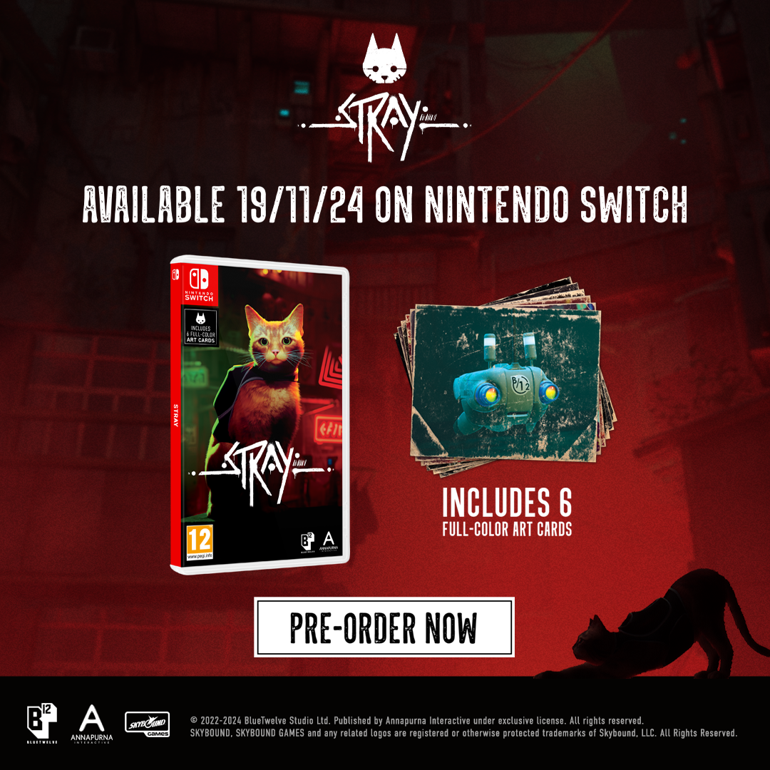 Caja del juego con un gato. Incluye tarjetas de arte. Texto: Disponible el 19/11/24 en Nintendo Switch.