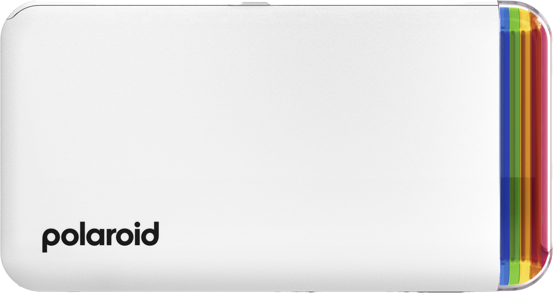 Fehér Polaroid fényképezőgép. A felső szélén szivárványszínű csík van. A 'polaroid' szó.
