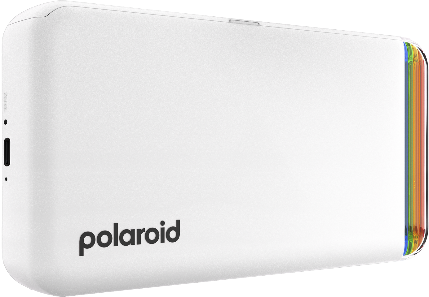 Fehér Polaroid kamera, rajta a 'polaroid' felirattal. Szivárvány színű oldalsó részlet látható.