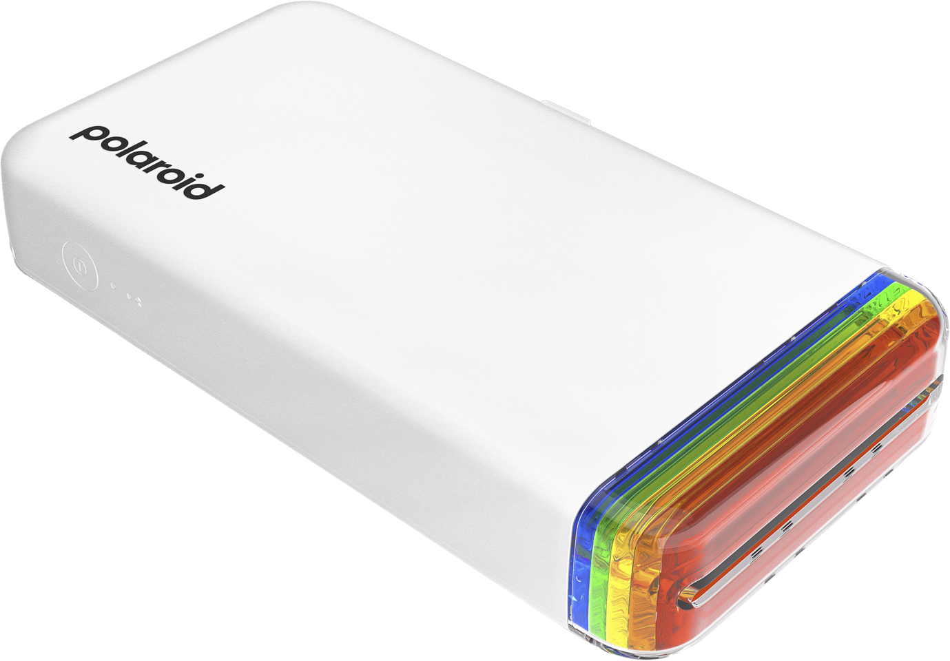 Egy fehér Polaroid power bank szivárványszínű véggel és a Polaroid logóval.