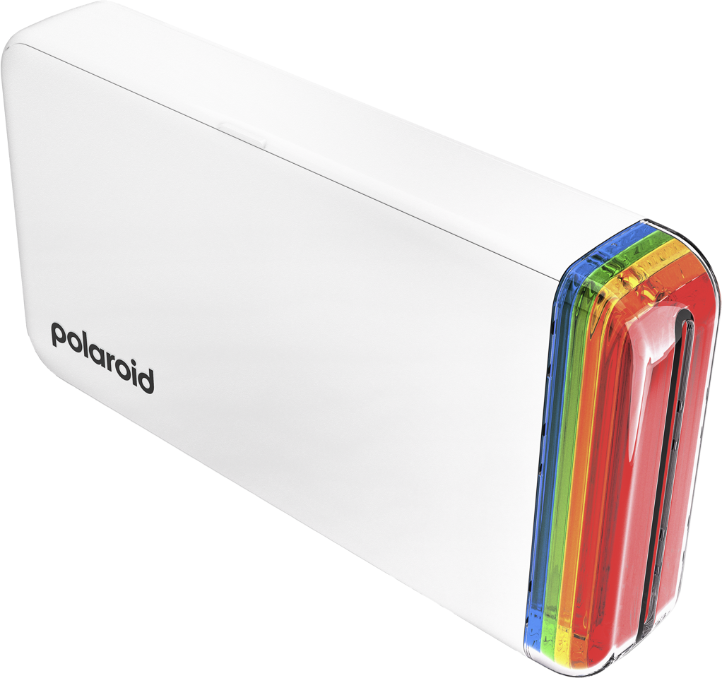 Fehér és színes Polaroid kamera, szivárványszínnel a végén.