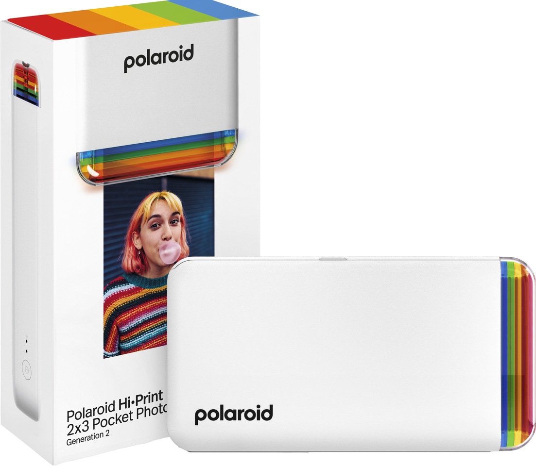 Polaroid Hi-Print 2x3 Pocket Photo nyomtató és a doboza. Fehér, szivárványos díszítéssel.