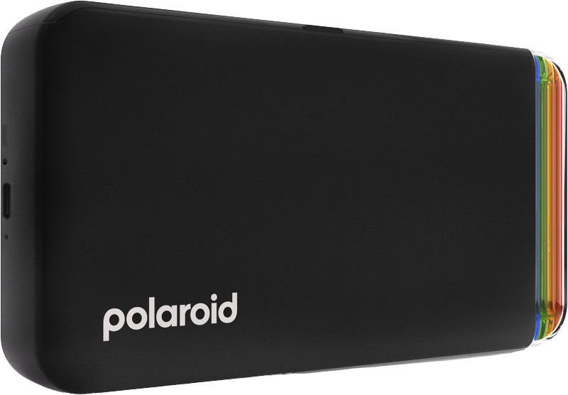 Egy fekete Polaroid fényképezőgép szivárványszínű szegéllyel és a 'polaroid' szóval.