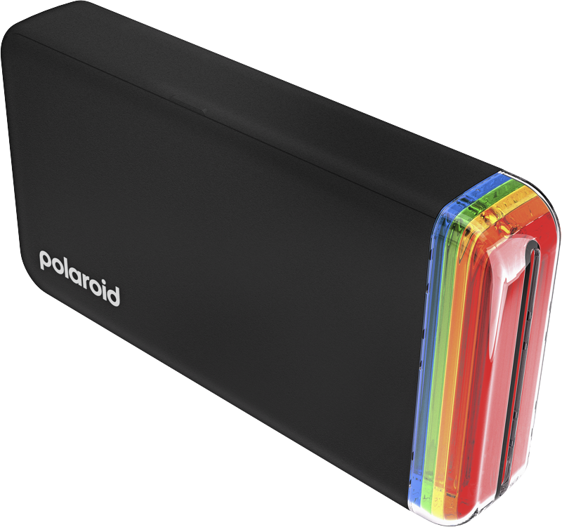 Fekete Polaroid kamera szivárványszínű szegéllyel. A 'Polaroid' szó az oldalán látható.