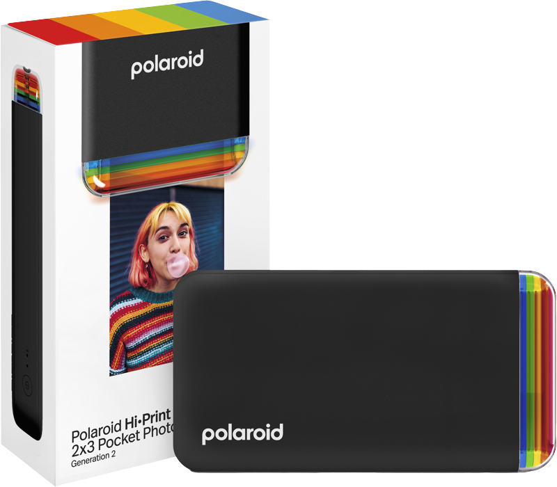 Polaroid Hi-Print szivárványszínű szegéllyel, a Polaroid logójával ellátott doboz mellett.