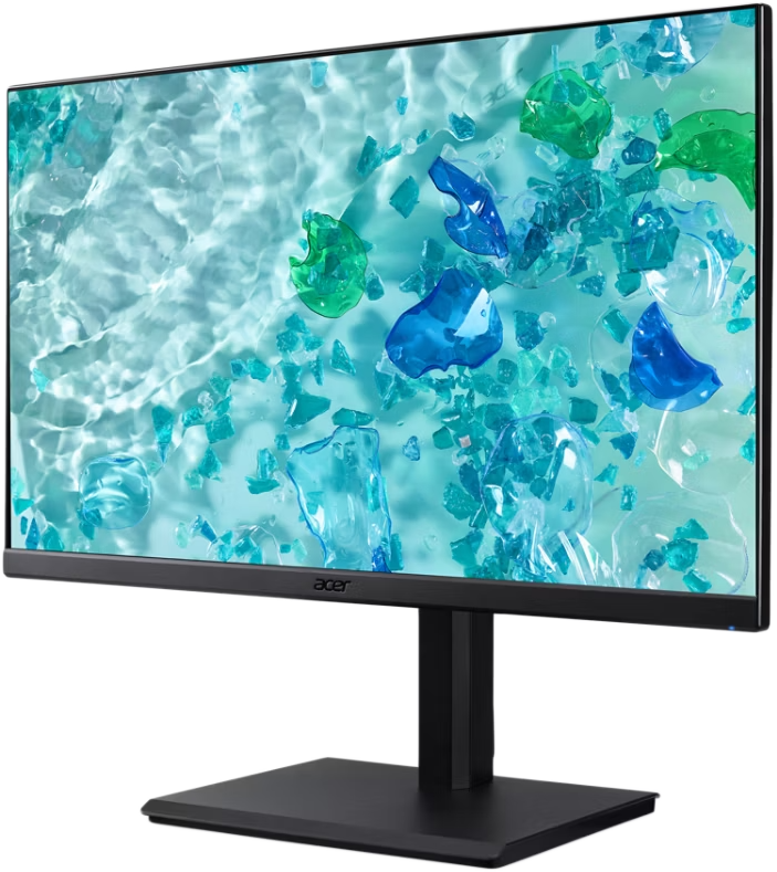 Monitor vízszerű háttérrel, zöld és kék formákkal, alul Acer logóval.