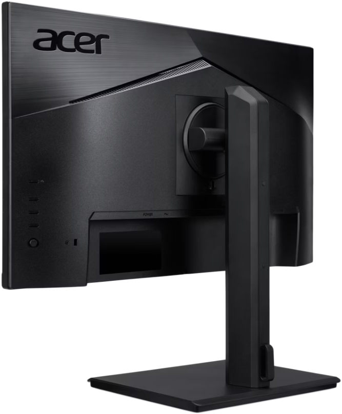 Egy fekete Acer monitor hátulról, portokkal és állvánnyal.