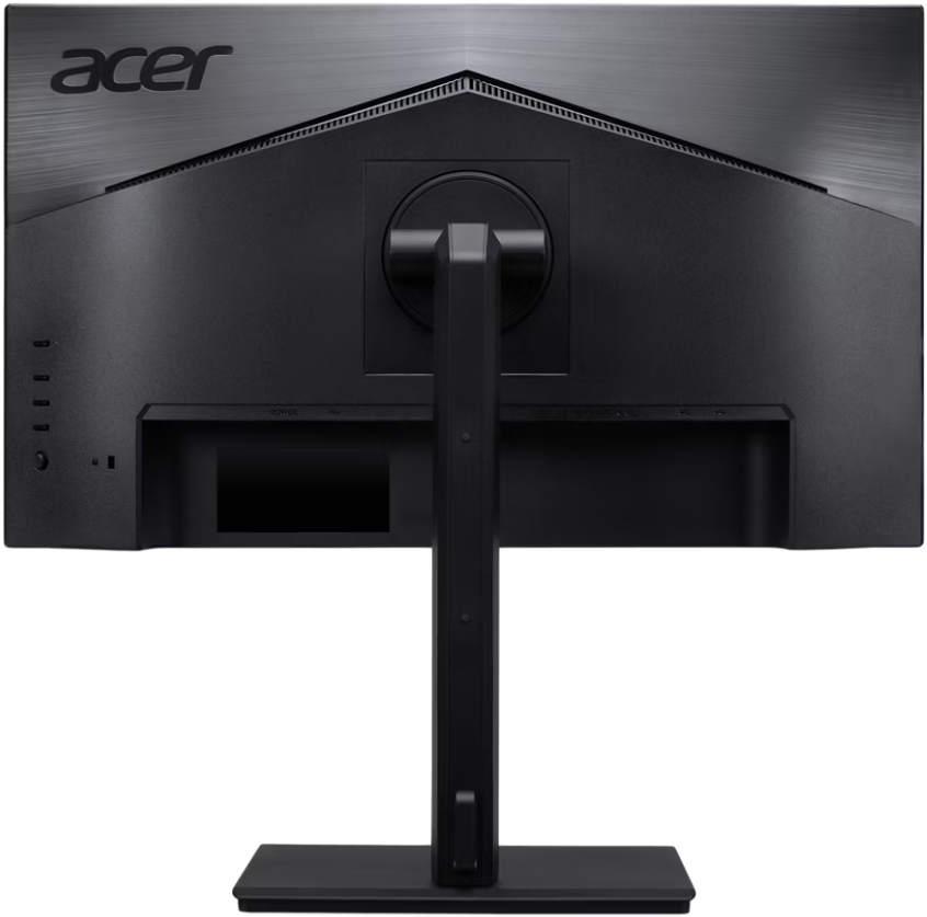 Egy fekete Acer monitor hátulnézete, állvánnyal és Acer logóval a tetején.