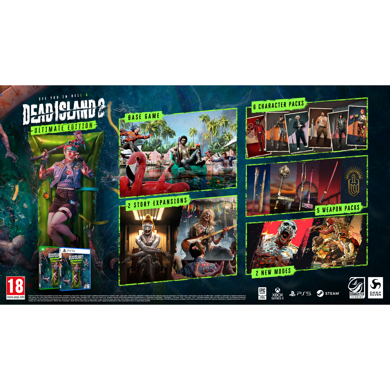 Dead Island 2 Ultimate Edition gamebox met screenshots en karakterpakketten.