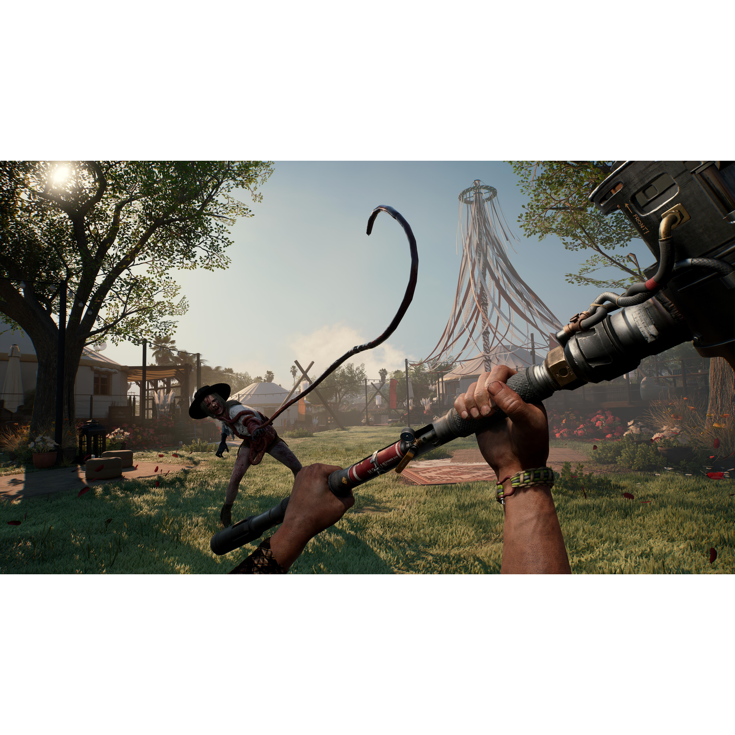 Eerste-persoonsweergave van een videogame met een wapen en een zombie.