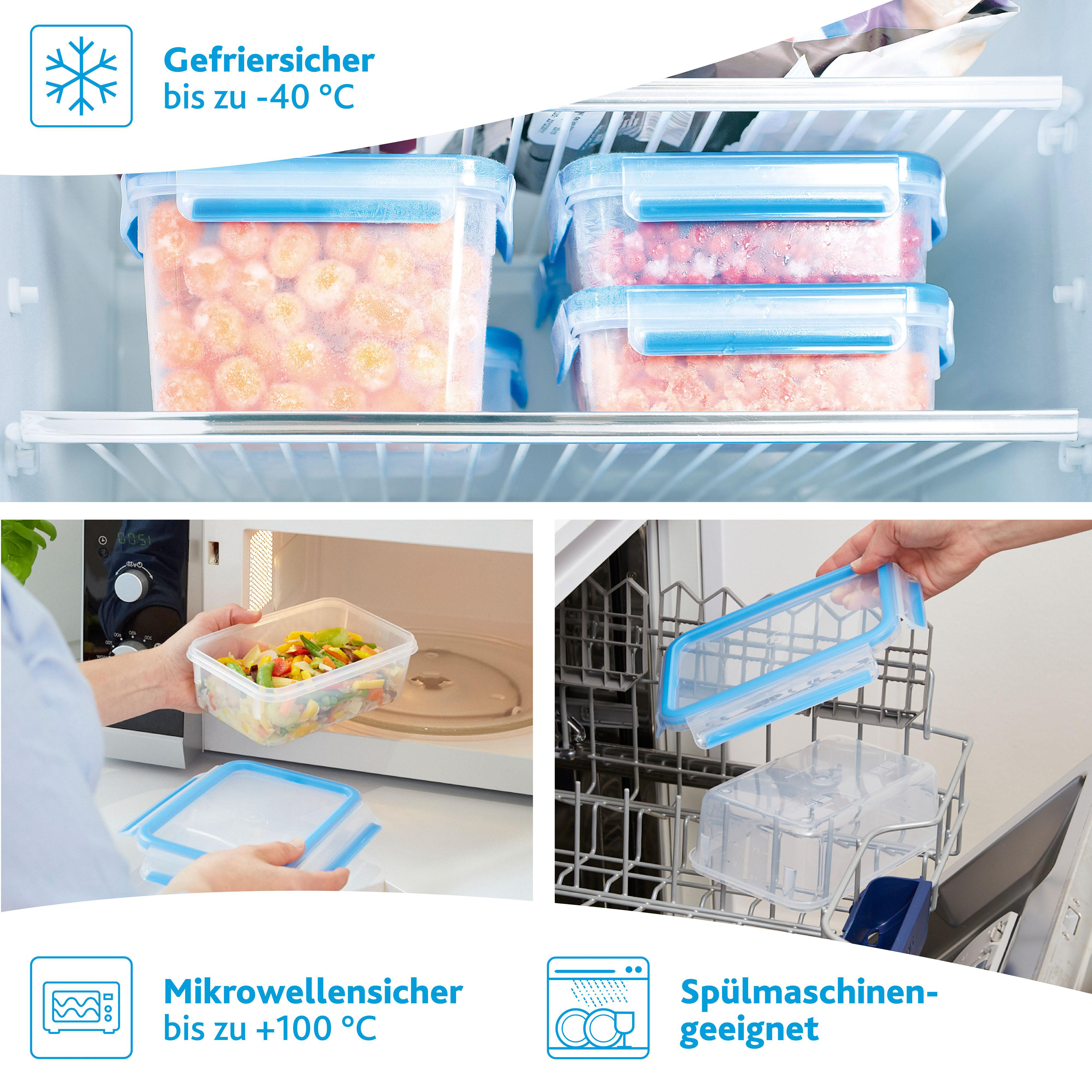 Behälter mit Essen, mikrowellengeeignet und spülmaschinenfest. Text auf Englisch.