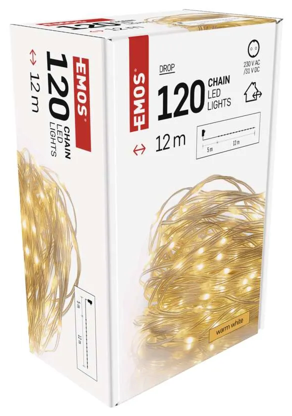 Egy fehér doboz LED-es füzérfényekkel, "120 LED Lights" felirattal, a meleg fehér fények képével.