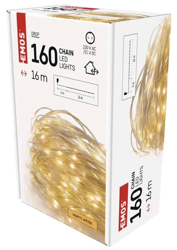 Egy doboz EMOS 160 LED-es füzérfény. Fehér doboz, szöveg és diagram. Arany meleg fehér fények, 16 méter.