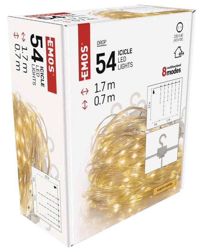 EMOS 54 jégcsap LED lámpák doboza. Egy lámpasort mutat. Méretek: 1,7 m és 0,7 m. Meleg fehér.