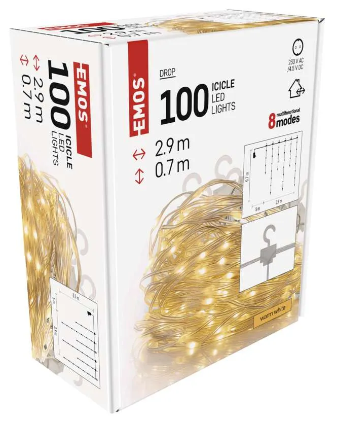 Jégcsap LED lámpák doboza, diagrammal és specifikációkkal.
