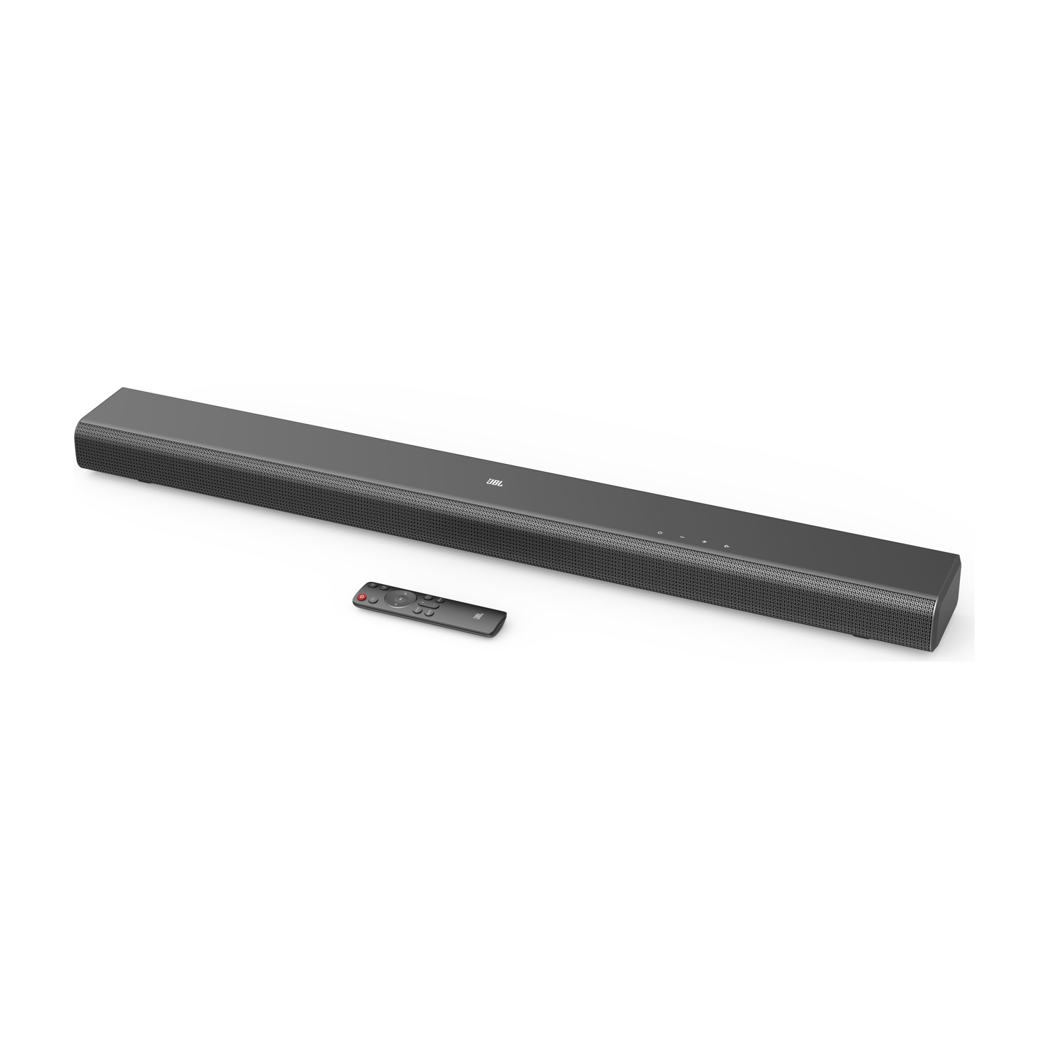 Una soundbar nera con il logo JBL e un telecomando, il tutto su sfondo bianco.