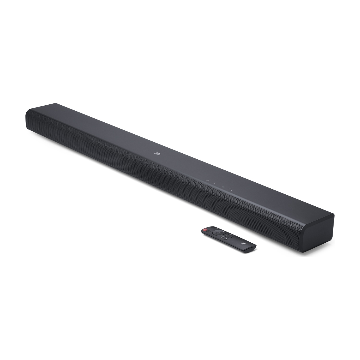 Soundbar nera con telecomando.
