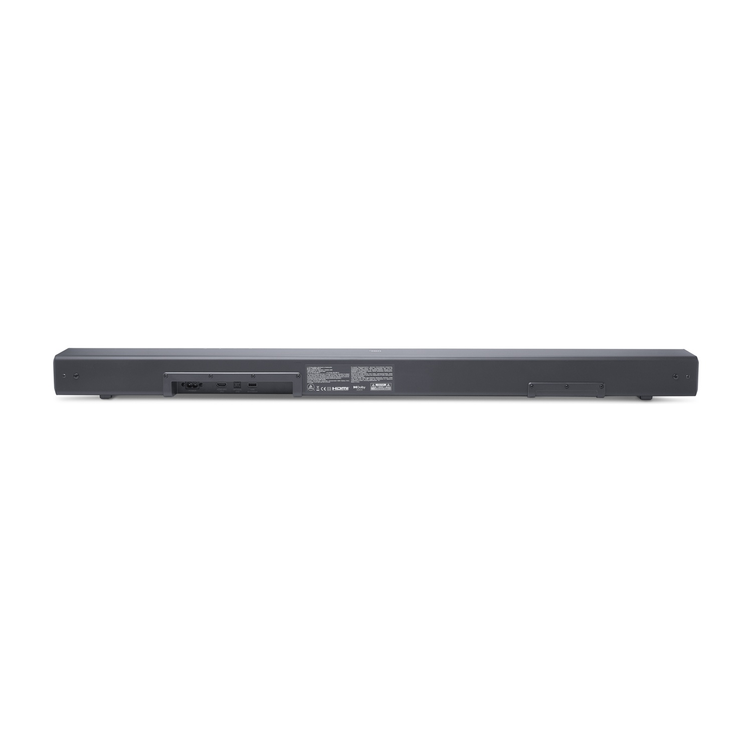 Retro di una soundbar nera con diverse porte e un'etichetta di testo.