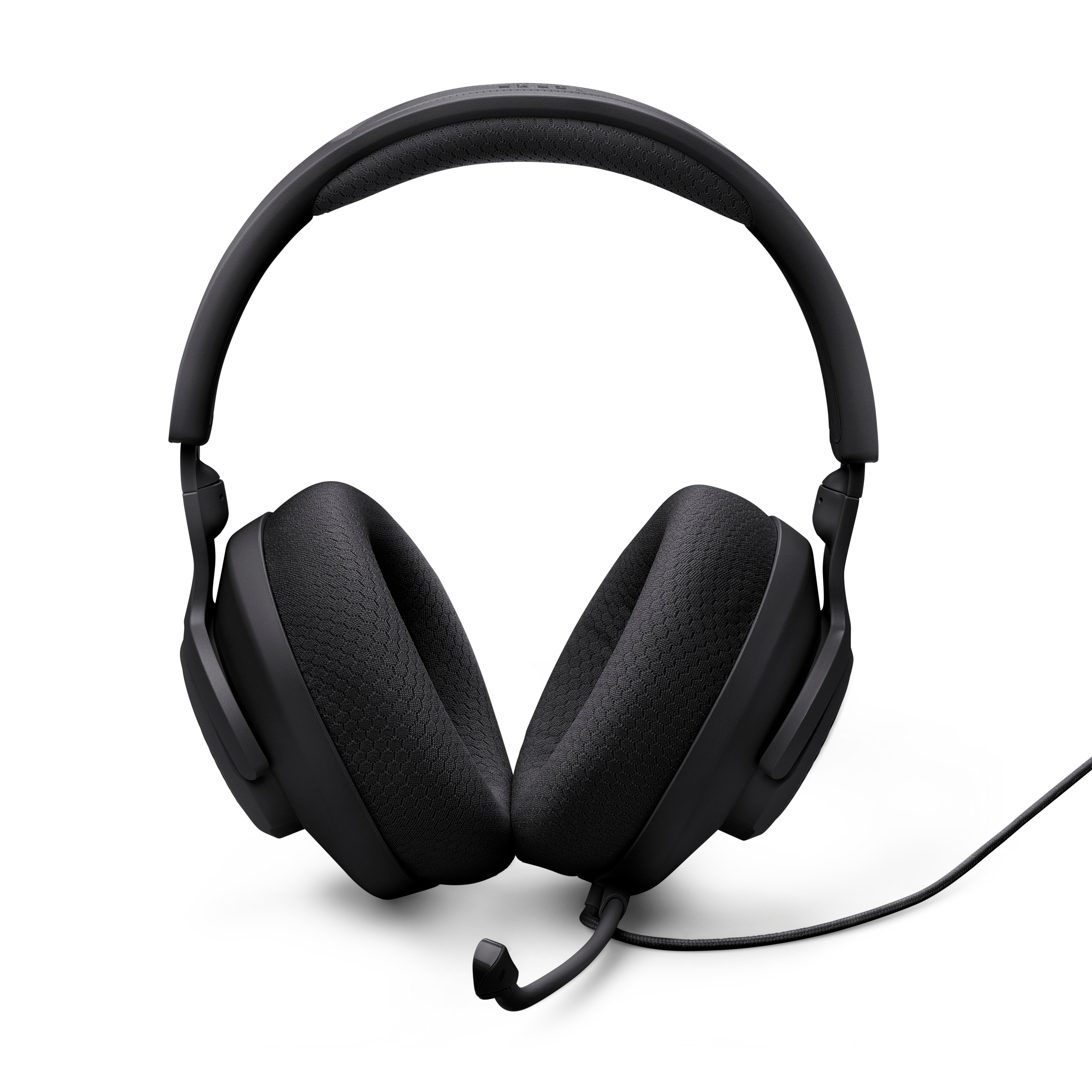 Schwarze Over-Ear-Kopfhörer mit Mikrofon, isoliert auf weißem Hintergrund.
