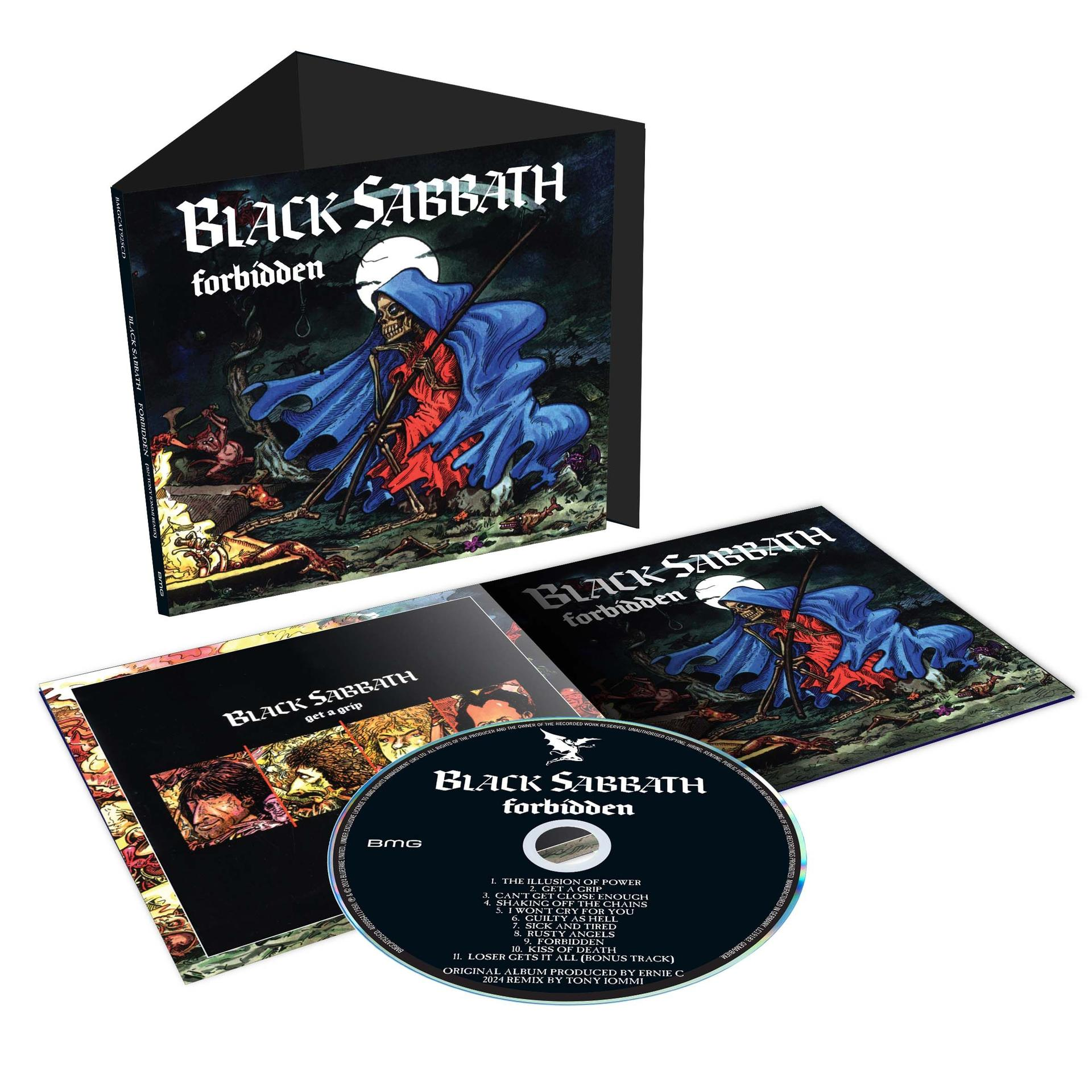 Black Sabbath Albumcover und CD. Skelettfigur in blauem Umhang, dunkler Hintergrund.