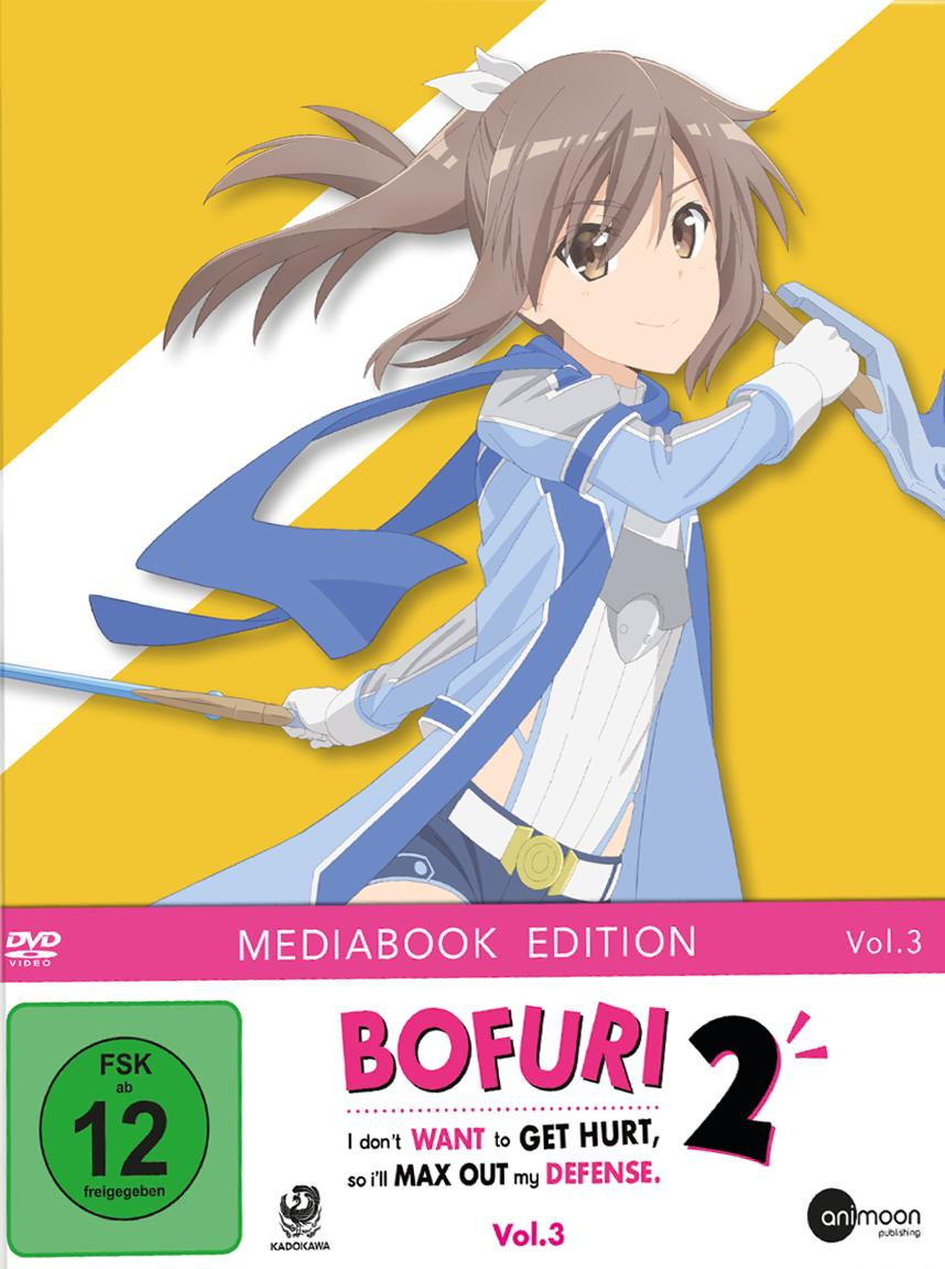 DVD-Cover von Bofuri 2. Ein Mädchen im Anime-Stil in Blau und Weiß. Der Text ist japanisch.