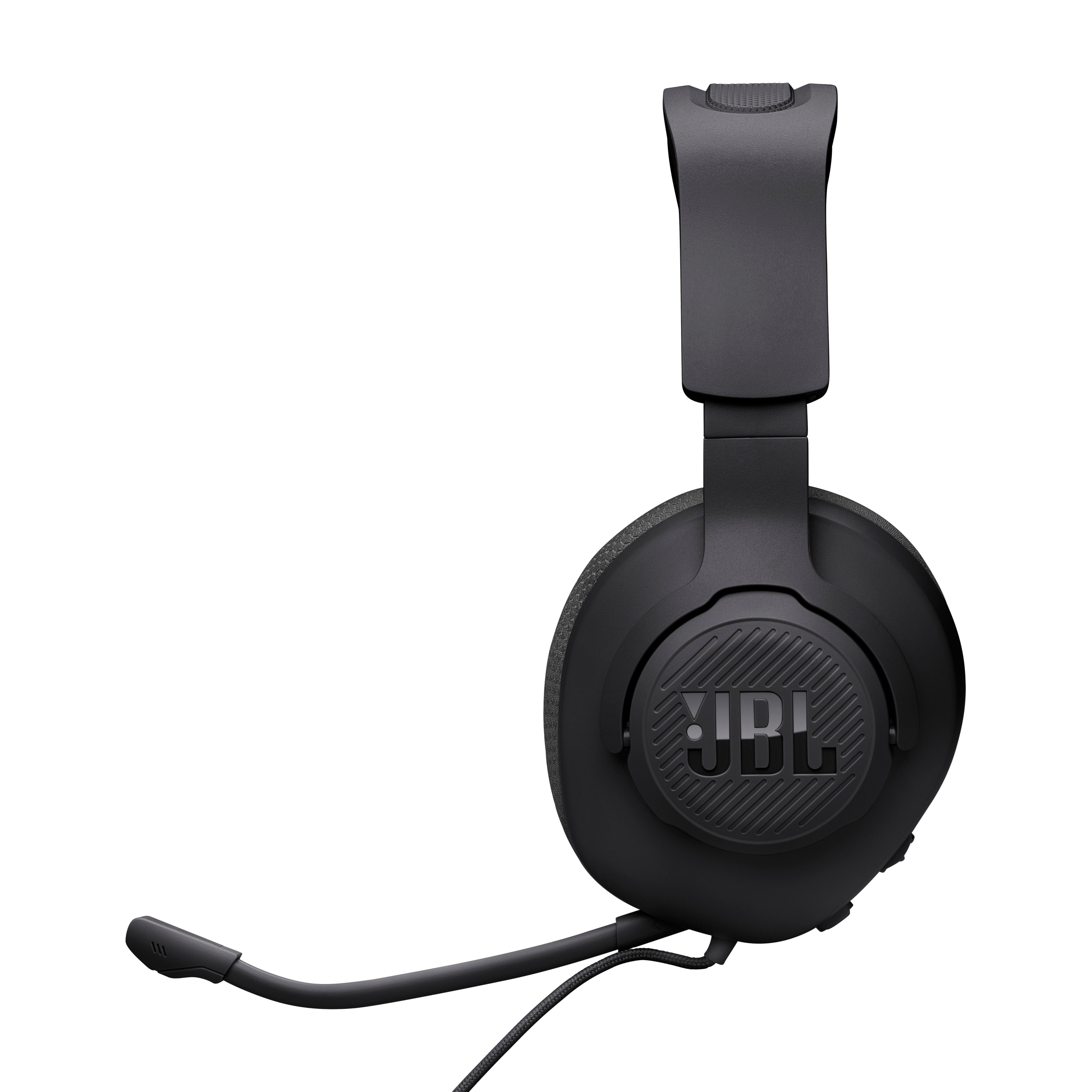 Schwarzes JBL-Gaming-Headset mit Mikrofon. Das JBL-Logo befindet sich auf dem Ohrhörer.