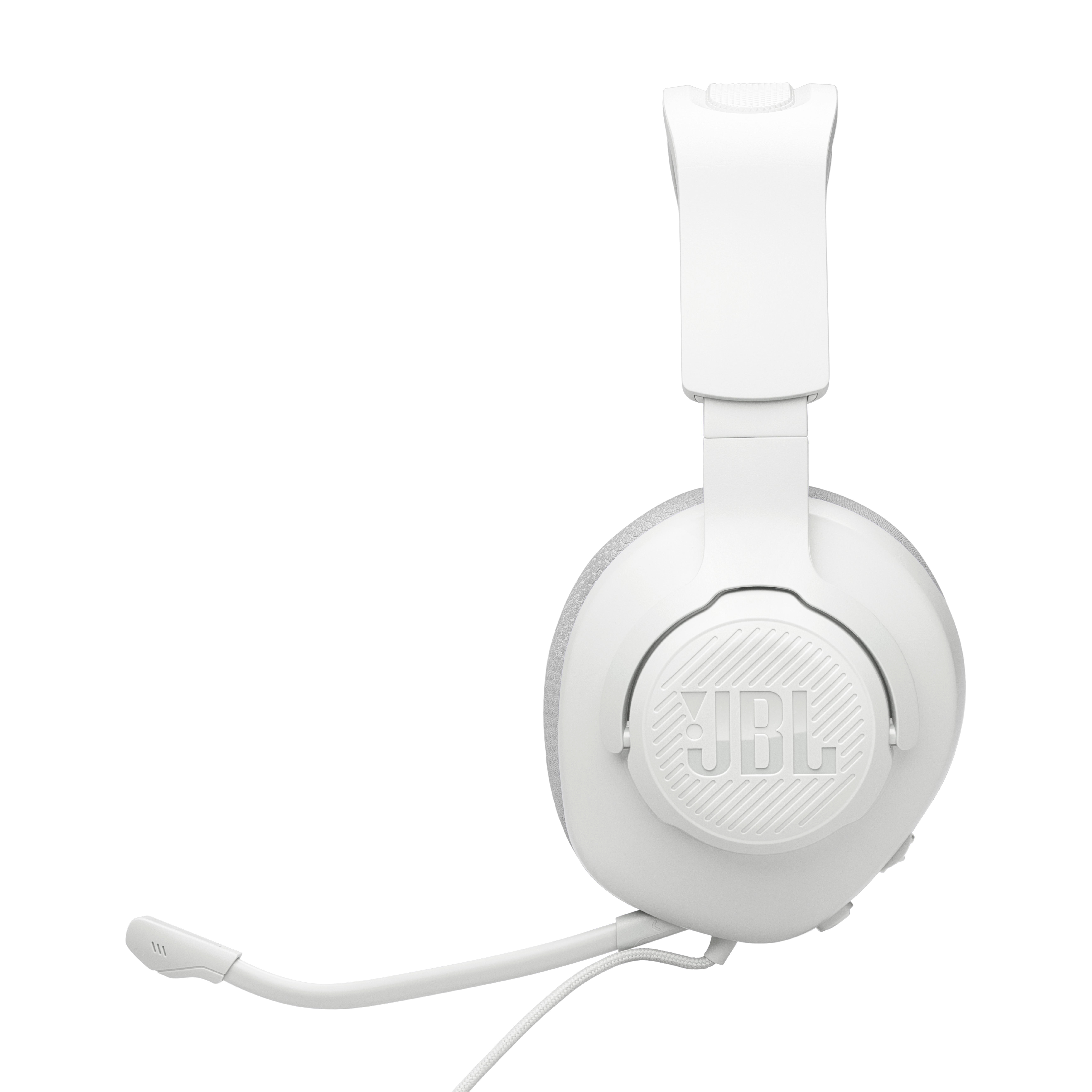 Weißes JBL-Headset mit Mikrofon auf weißem Hintergrund.