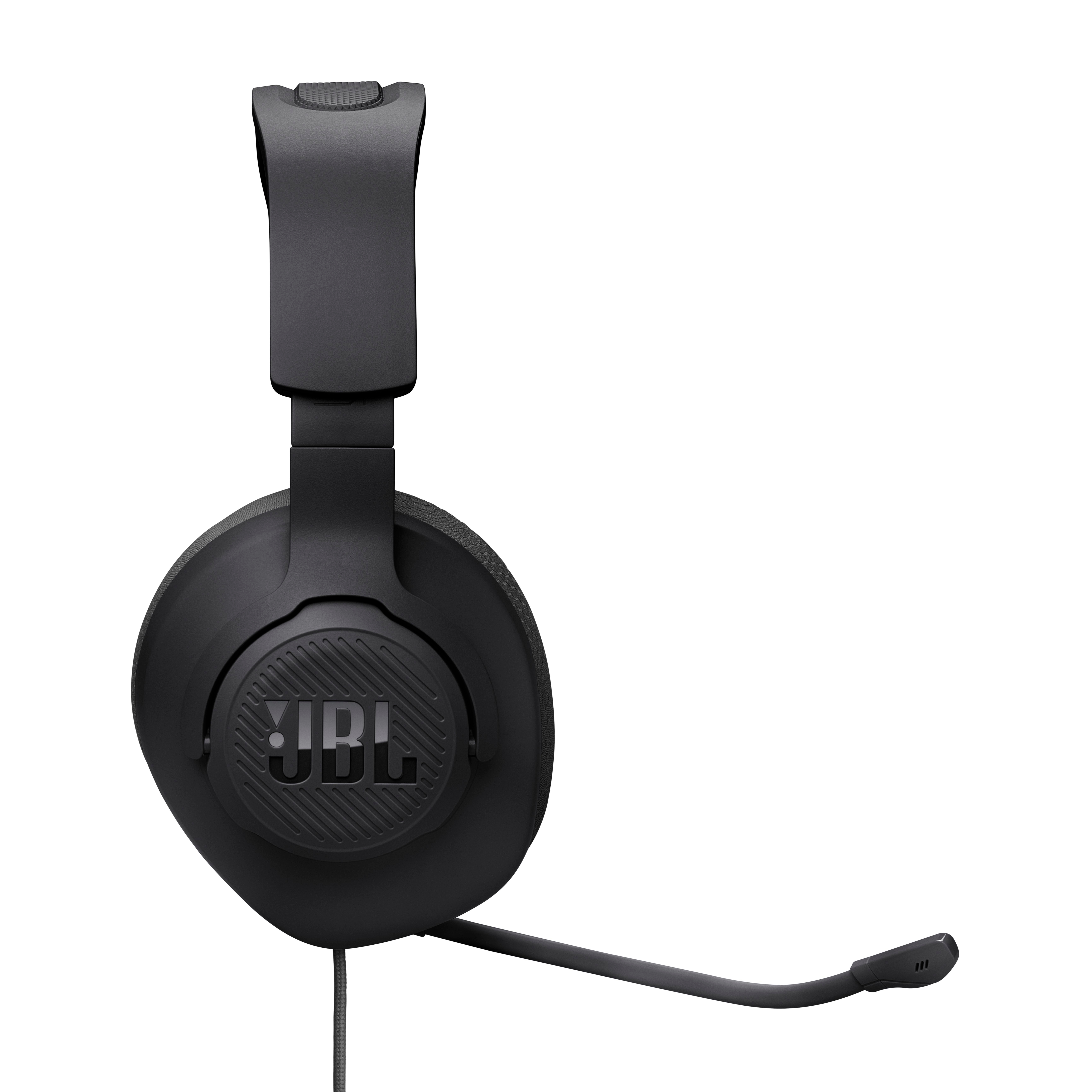Schwarze JBL-Kopfhörer mit Mikrofon. Die Kopfhörer sind auf weißem Hintergrund.