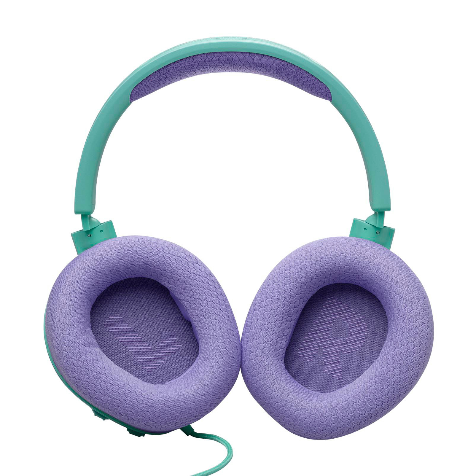 Over-Ear-Kopfhörer mit tealfarbenen Bügeln und lilafarbenen Ohrmuscheln, auf weißem Hintergrund.
