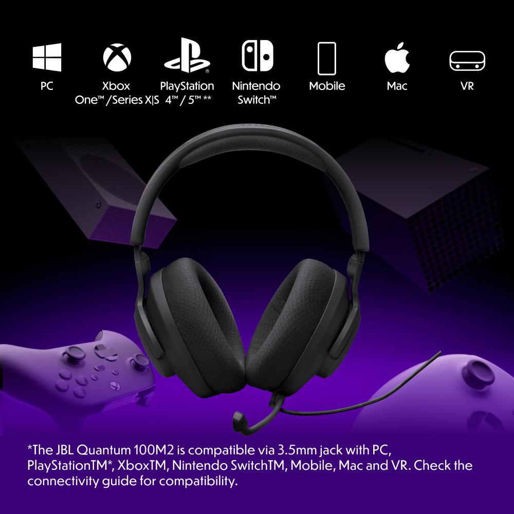 Schwarzes Gaming-Headset mit Symbolen verschiedener Plattformen.