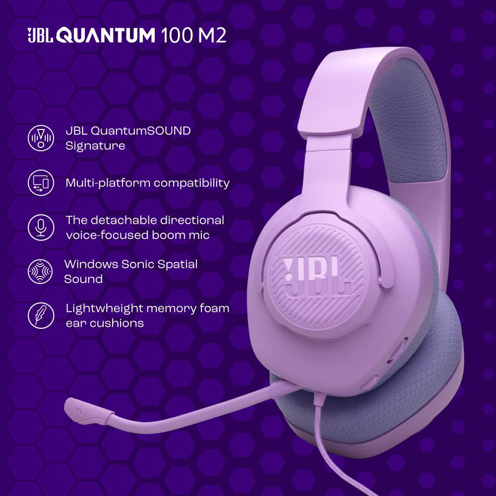 Lavendelfarbene JBL Quantum 100 M2 Kopfhörer mit Mikrofon, auf lilafarbenem Hintergrund.