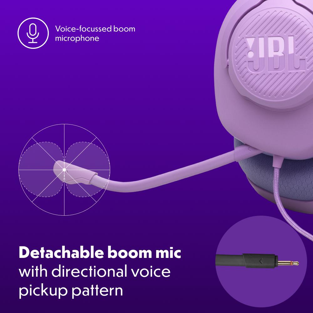 Ein lila Headset mit abnehmbarem Mikrofon und Richtcharakteristik.